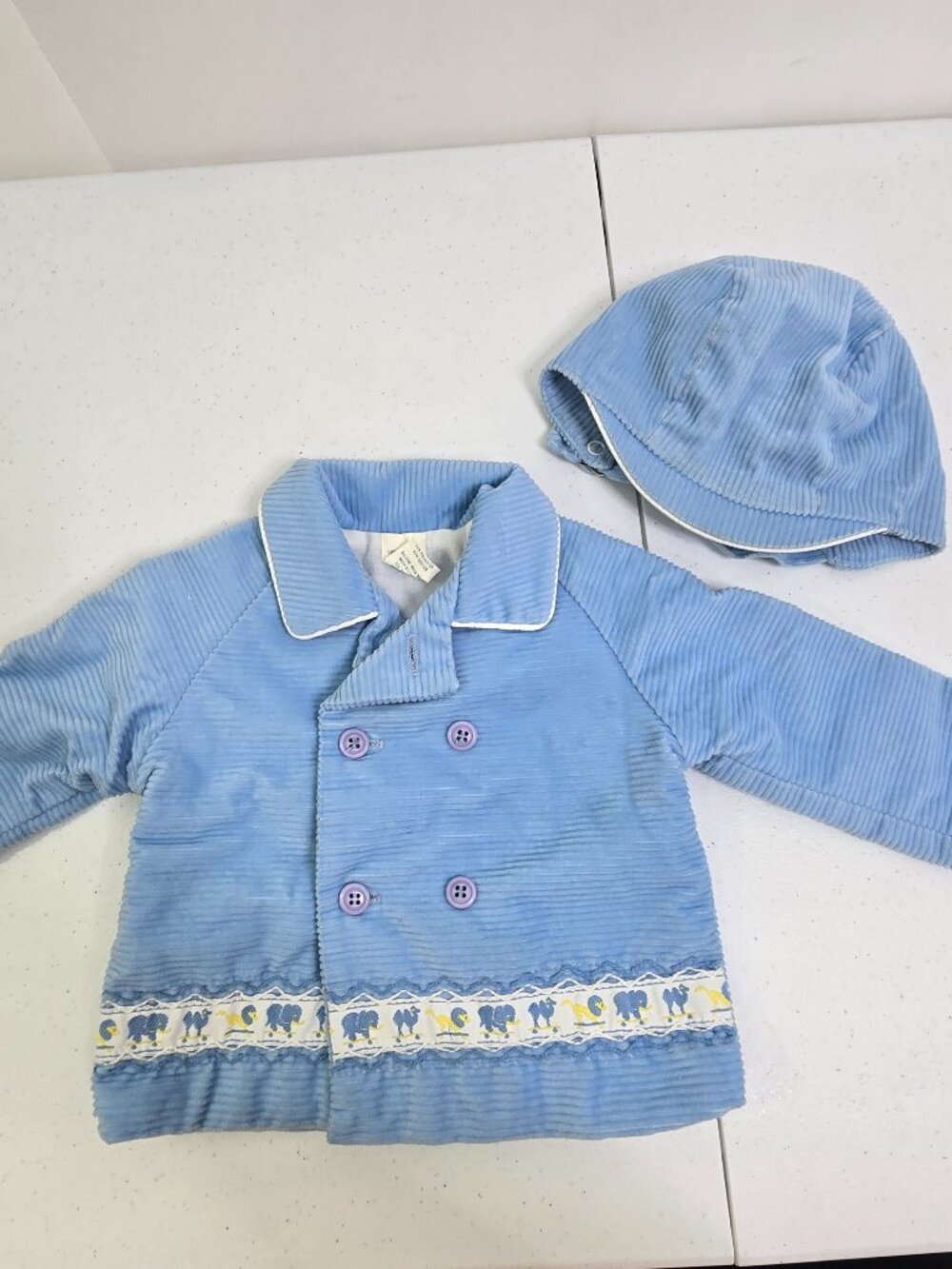 Thomas Vintage Childrens Set Jacket Hat Blue Corduroy 12 Month Animals